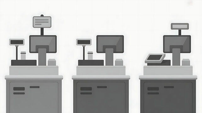 Three retail checkout counters with cash registers and screens, arranged in a row on a plain white background