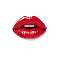 Fototapeta premium Closeup of glossy bright red open mouth with white teeth isolated on white background