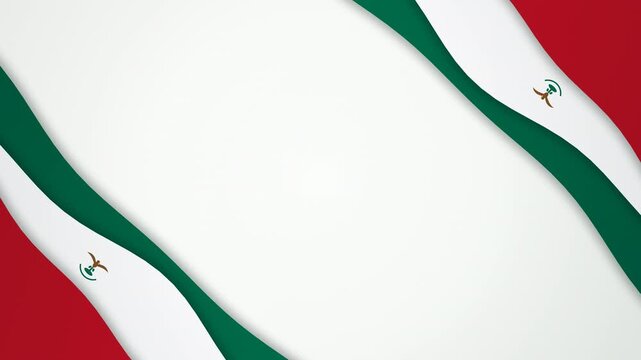 Patriotic abstract background inspired by the Mexico flag: flowing ribbon paper cut layers in green, white and red with balanced 30 40 30 ribbon volumes and a simplified golden eagle on cactus emblem 