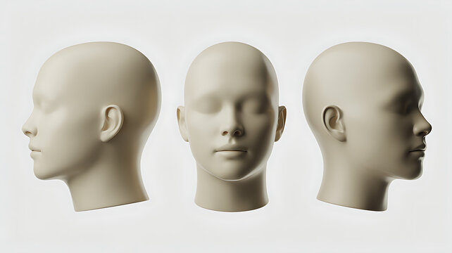 Three views of a faceless female mannequin head in neutral beige color showing profile and front angles on white background