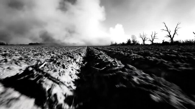 Dramatic black and white ground-level wide shot of tilled farmland under a foreboding sky with dark trees silhouetted in the distance