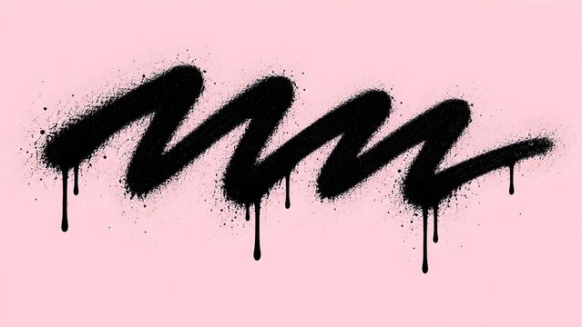Black spray paint zigzag scribble stroke with realistic dripping texture on pastel pink background for modern street art design element