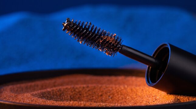 Glossy mascara brush above sculpted orange sand