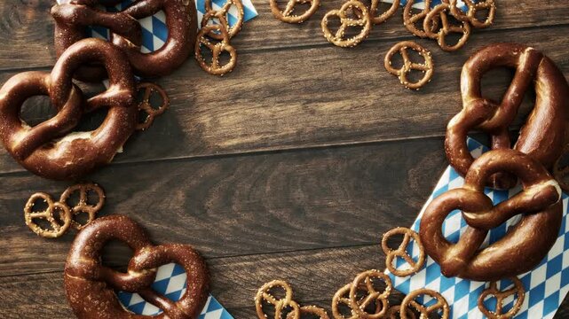 Traditional German Pretzel Frame with Empty Space for Text 4K. Flat Lay Oktoberfest Background with Traditional Bavarian Brezels and Copy Space on Dark Wooden Background 4K