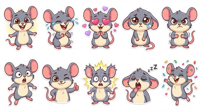 A set of bright, cartoon-style stickers depicting various mouse emotions. A collection of fun, cheerful stickers featuring mouse faces expressing different emotions.
