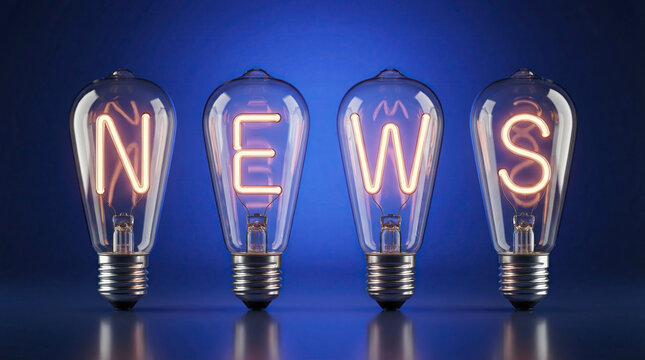 News word inside glowing light bulbs on blue background for media and communication concepts.