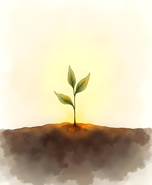 Small Green Sprout Growing from Soil at Sunrise
