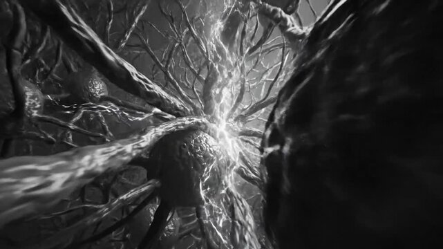 Abstract grayscale animation of neurons and synapses firing electricity throughout a neural network