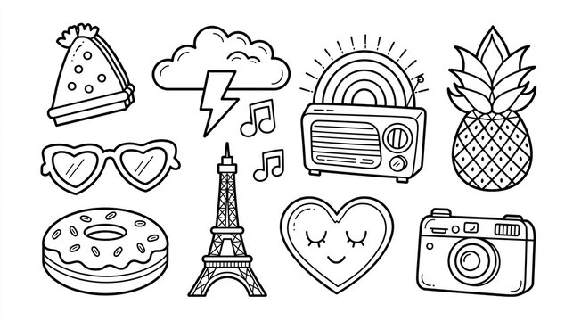 Playful doodles of various fun elements including a camera and pineapple.