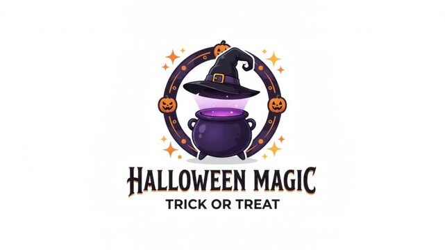 Cartoon witch cauldron with magic potion and floating wizard hat isolated on white background