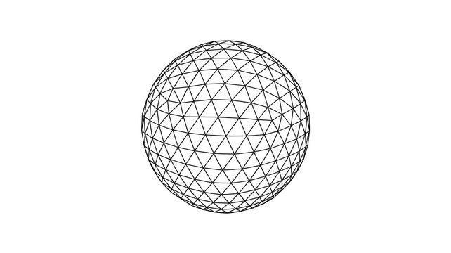 Wireframe sphere constructed from a complex mesh of black lines and nodes, isolated on a plain white background area