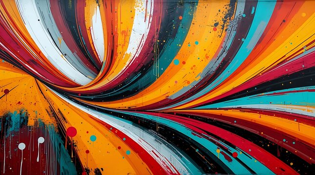 Abstract background with vibrant colorful fluid paint splashes and dynamic flowing curved lines in artistic style
