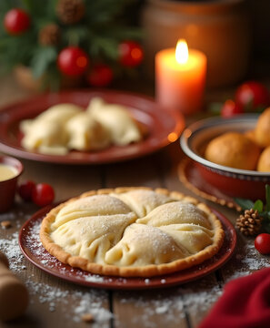 Christmas Pierogi Served on a Plate with Holiday Decorations