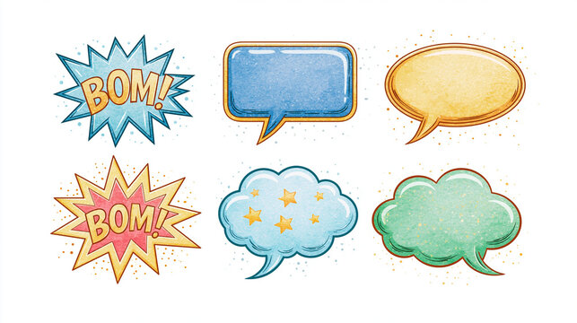 Colorful comic speech bubbles with various expressions and designs, vibrant and playful.