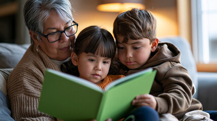 Obraz premium Indigenous elder sharing stories with grandchildren in a cozy home setting, family heritage, oral history, intergenerational connection, warm natural lighting, with copy space
