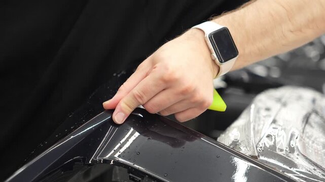 Professional auto detailer specialist applying a clear paint protection film PPF on a glossy black car. Male technician worker smoothing a wet polyurethane protective wrap with a green squeegee rakel.