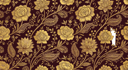 Obraz premium Seamless pattern with ornate golden floral and paisley motifs on a deep burgundy background, vintage damask style textile design for luxury wallpaper or fabric