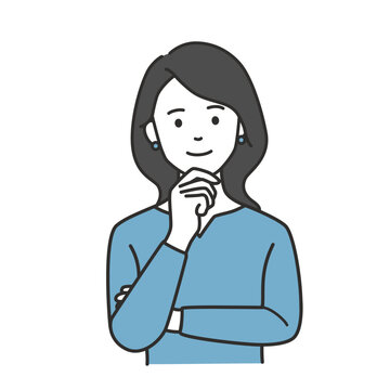 あごに手を当て前向きに考え相手の話を聞く30代女性の上半身イラスト