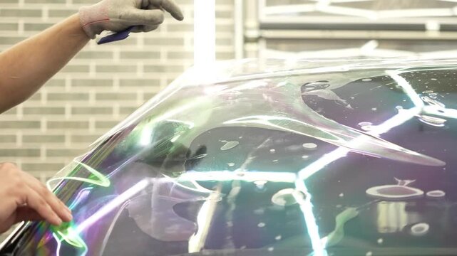 Hands of a man glue a clear protective film against scratches on a car windshield close up. This is an athermal window tint wrap. Worker installs a chameleon vinyl sheet on an automobile glass. 