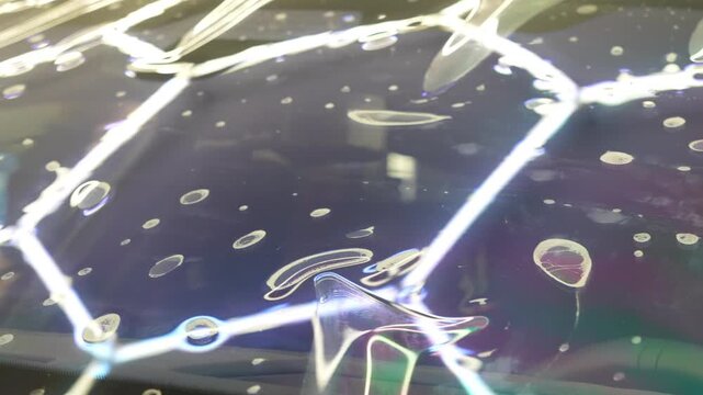 Hands of a man glue a clear protective film against scratches on a car windshield close up. This is an athermal window tint wrap. Worker installs a chameleon vinyl sheet on an automobile glass. 