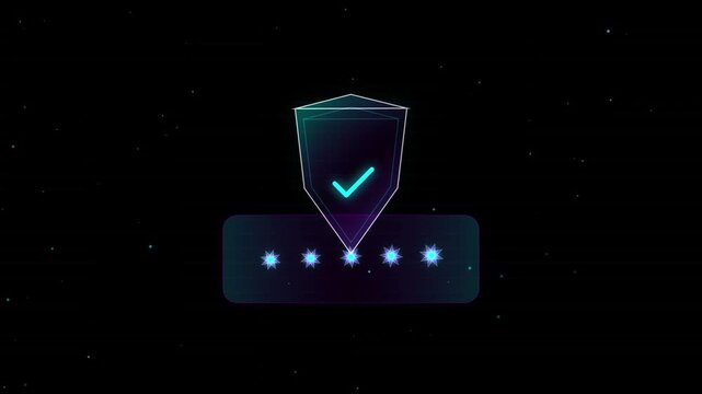 Digital security shield icons with password input fields with hovering on transparent background