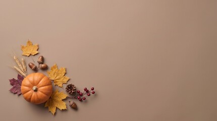 Fototapeta premium Autumn floral arrangement with pumpkin and colorful leaves on a neutral background
