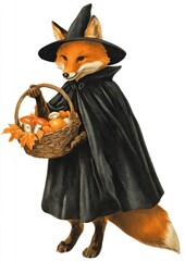 Fototapeta premium Fox in witch costume holding basket of mushrooms.