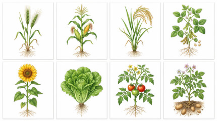 Obraz premium Agricultural crops botanical illustration set showing root systems