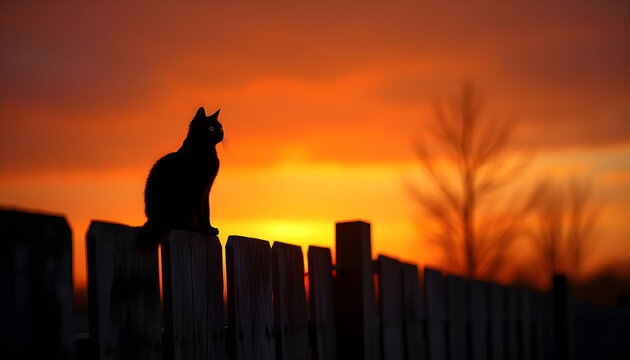 Black cat silhouette sitting on wooden fence at sunset