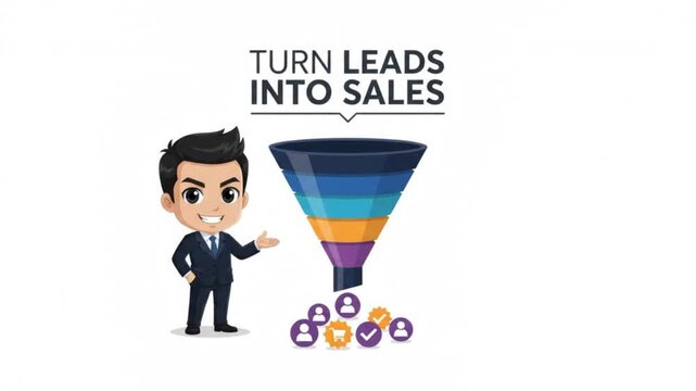 Businessman presenting sales funnel concept for lead generation and marketing strategy.