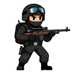 Obraz premium A sturdy special forces soldier with a combat weapon, fully equipped in special combat gear. Cartoon mascot, illustration high quality