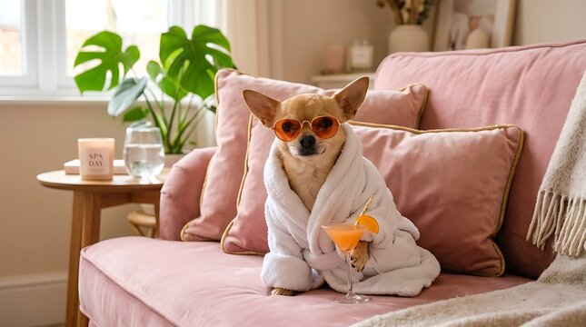 Cute chihuahua dog wearing a bathrobe and sunglasses relaxing on a pink sofa in a bright and cozy living room