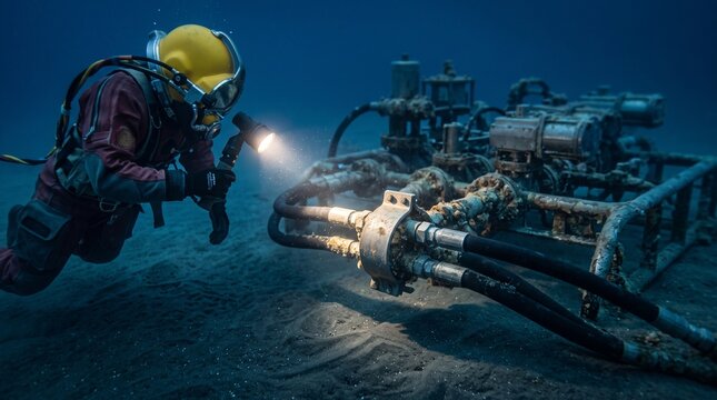 Diver checks hydraulic junction on subsea manifold