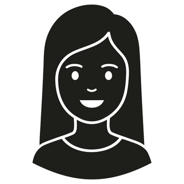 Simple black and white vector illustration of a friendly young woman with long hair representing a basic user profile icon
