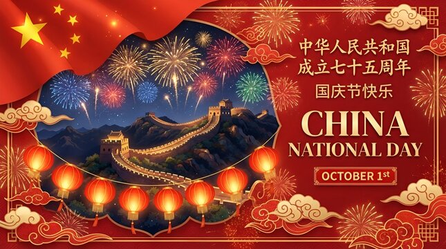 Festive china national day celebration background featuring the great wall red lanterns and traditional clouds