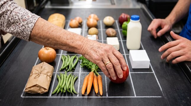 Hands complete a festive grocery bingo pattern