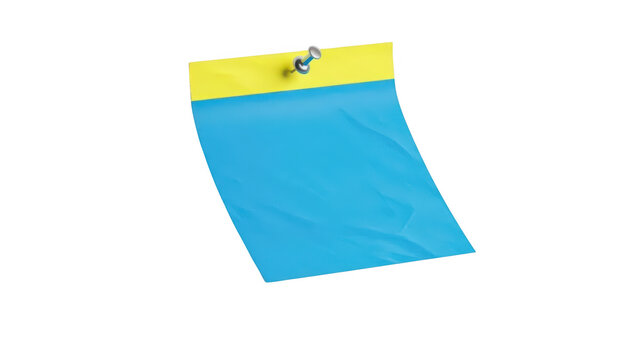 Blue sticky note with a yellow header attached by a silver push pin