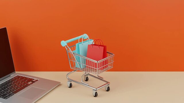 オレンジの空間で商品入りの小型ショッピングカートとノートパソコンが並ぶ