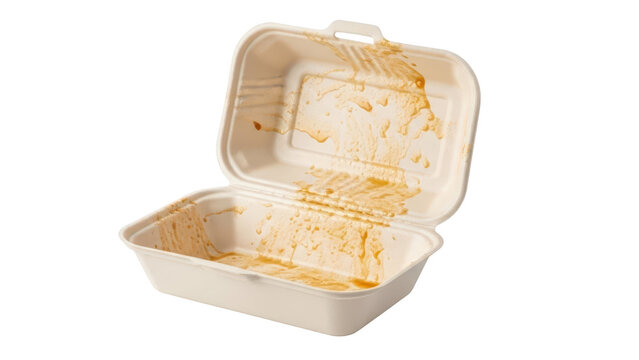 Empty dirty takeout food container made of recycled paper pulp