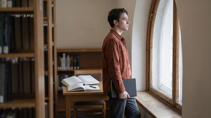 Fototapeta premium Student takes a breather by library study resources