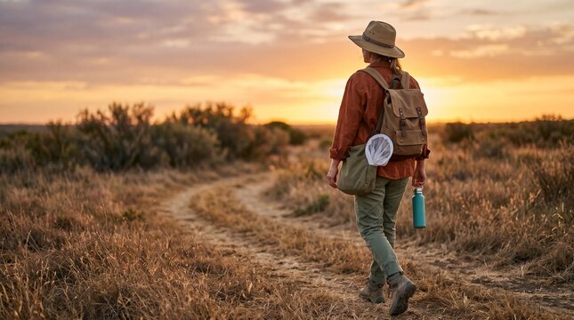 Prepared traveler walks into warm evening light