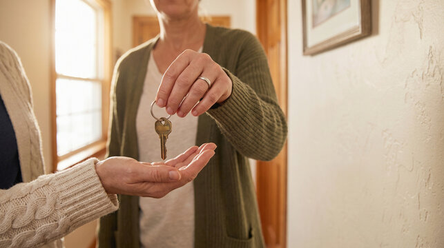 Home care staff hand over a house key for shift continuity