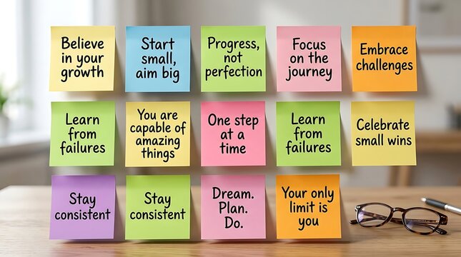 Colorful sticky notes with motivational quotes and positive affirmations on an office desk with glasses and a pen