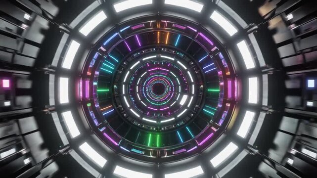 巨大な円筒トンネルに発光画面と電子装置が並び多色ネオンの輪が奥へ続く