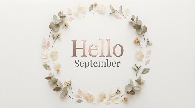 A delicate floral wreath made of dried leaves and flowers with the text hello september in the center isolated on white background