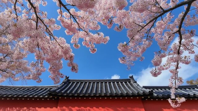 満開の桜が黒い屋根と朱色の壁を持つ日本建築を覆い青空に映える