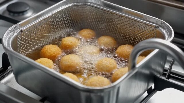 銀色のメスティンで複数のチキンナゲットが細かな泡を立て黄金色に揚がる