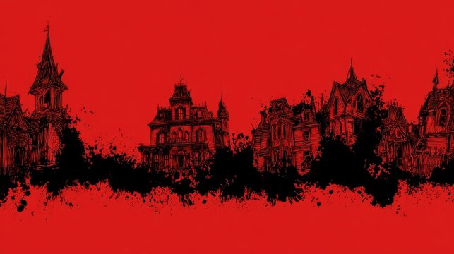 Gothic Haunted Mansions on Red Grunge Horizon