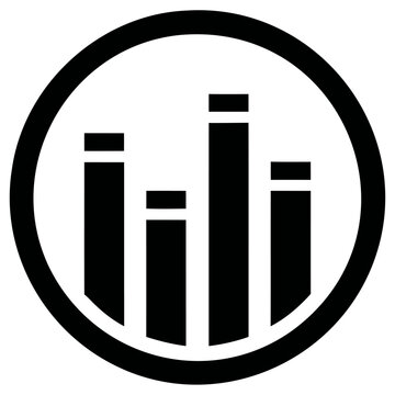 Minimalist vector illustration of a circular icon featuring vertical bar graph columns representing growth data analysis and financial business performance
