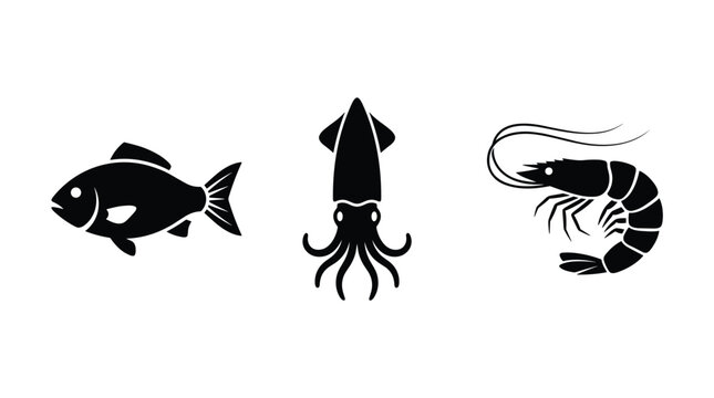 Group of marine life icons including fish squid and shrimp isolated on white background